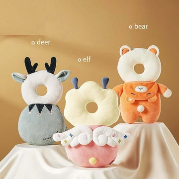 Soft plush baby head protectors: deer, elf, bear designs for toddler safety and comfort.