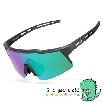 Sunglasses with gradient lenses and black frame on a white background, featuring a dinosaur illustration and age range 8-15 in text.
