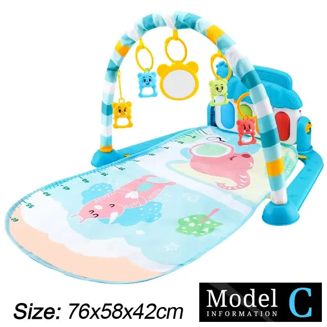 Colorful baby activity gym playmat with sensory toys and adjustable arc for newborn playtime and tummy time.