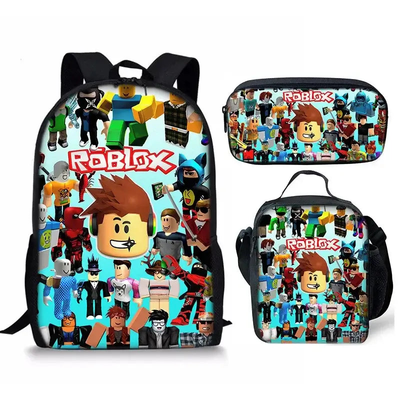 Roblox School Bag Set for Kids including a backpack, lunch bag, and pencil case with vibrant designs.