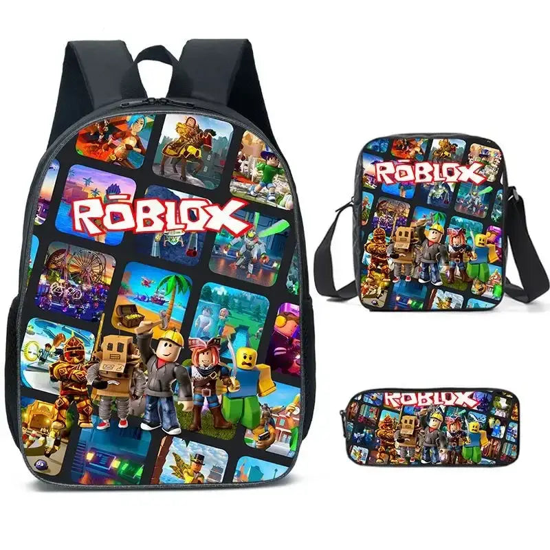 Roblox School Bag Set for Kids featuring a backpack, lunch bag, and pencil case with vibrant 3D designs.