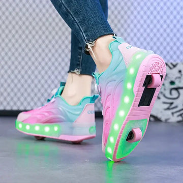 LED Roller Skate Shoes for Kids featuring vibrant lights and a secure two-wheel design for safe, fun outdoor play.