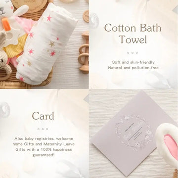 Exquisite baby shower gift box set showcasing cotton bath towel, adorable accessories, and a greeting card.