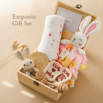 Exquisite baby shower gift box set with plush toys, blanket, and keepsakes for newborns.