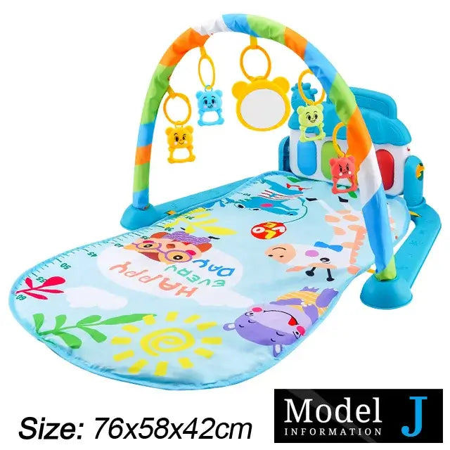 Infant activity gym playmat with colorful design, interactive toys, and adjustable play bar for newborn development.