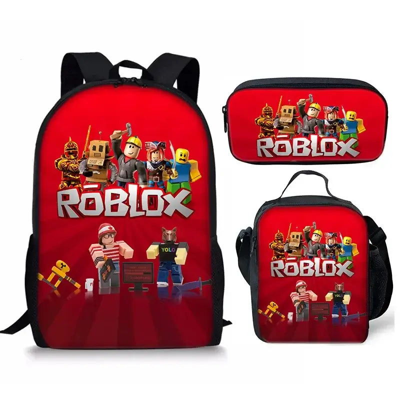 Roblox School Bag Set for Kids featuring backpack, lunch bag, and pencil case with vibrant 3D designs.