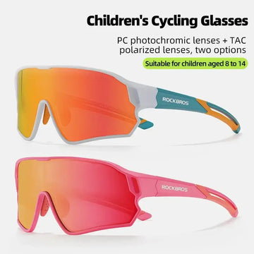 Children's polarized cycling glasses for ages 8-14 with photochromic lenses in two vibrant color options.