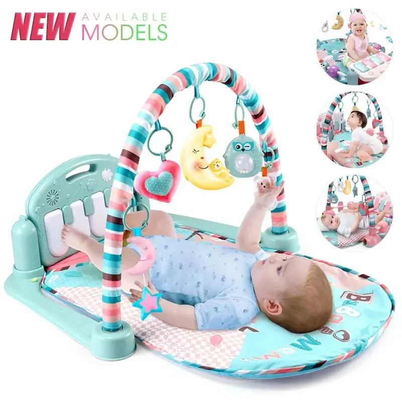 Newborn playing on colorful baby activity gym playmat with piano, sensory toys, and hanging animals for stimulation.