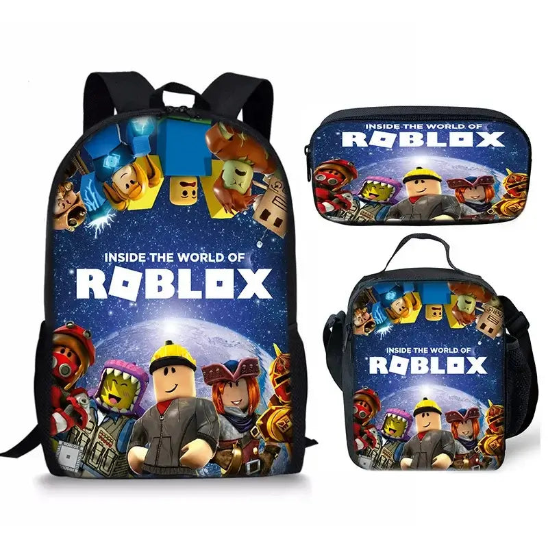 Roblox School Bag Set for Kids featuring vibrant designs, including a backpack, lunch bag, and pencil case.