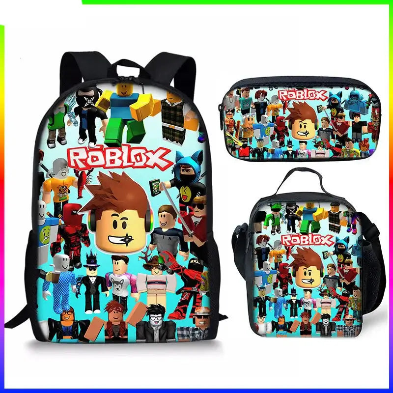 Roblox School Bag Set for Kids featuring backpack, lunch bag, and pencil case with vibrant game-themed designs.