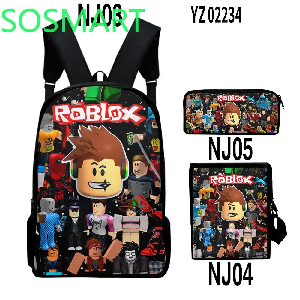 Roblox School Bag Set for Kids with backpack, lunch bag, and pencil case featuring colorful Roblox characters.