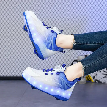 LED Roller Skate Shoes for Kids in blue, showcasing vibrant lights and two-wheel design for safe outdoor play.