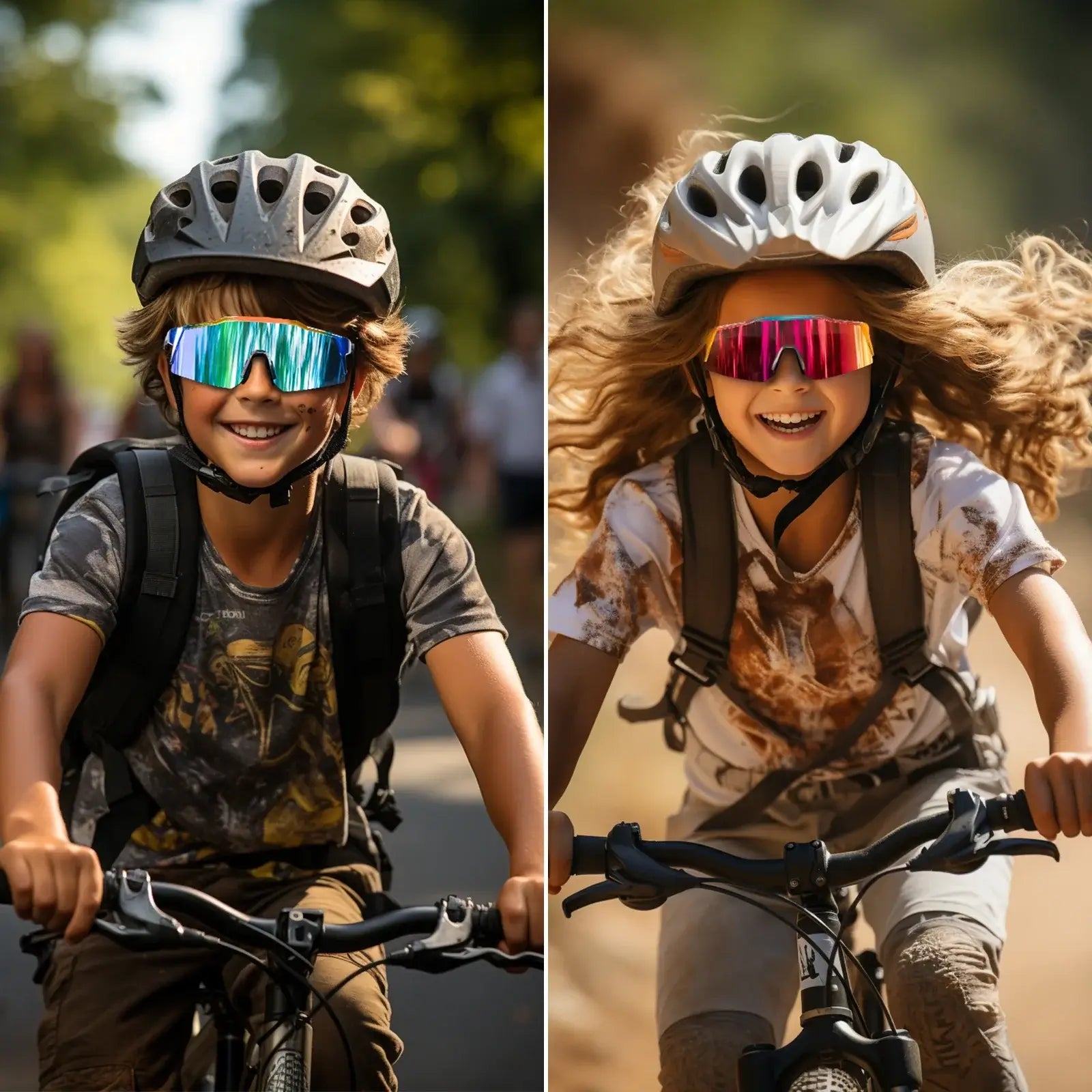 Kids wearing polarized sports goggles while biking outdoors, showcasing UV400 eye protection and stylish design.