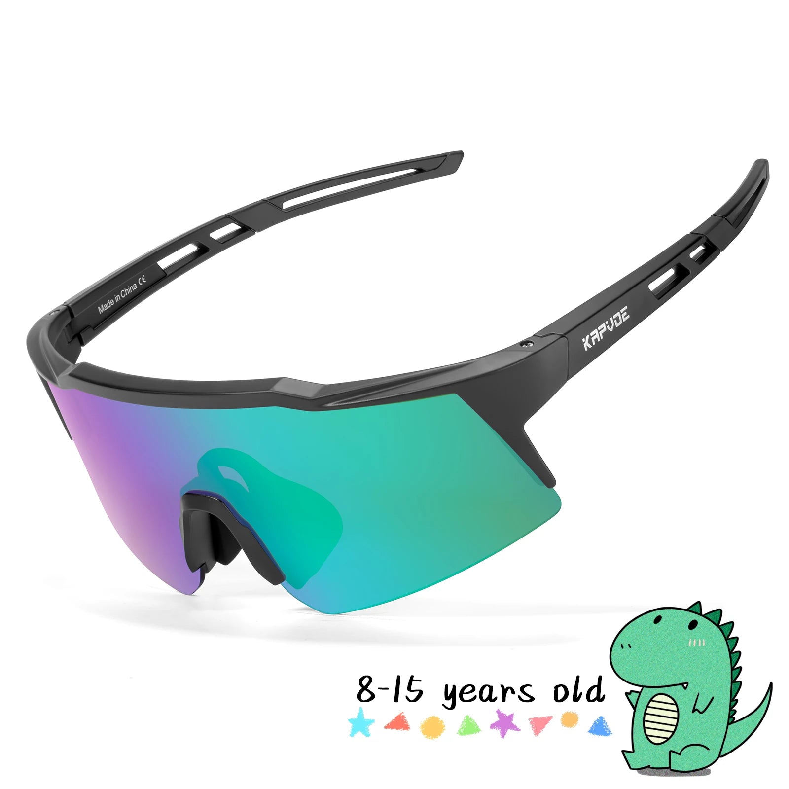 Sunglasses with gradient lenses and black frame on a white background, featuring a dinosaur illustration and age range 8-15 in text.