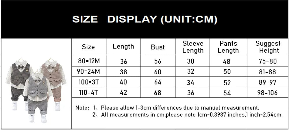 Size chart for children's clothing with measurements in centimeters.