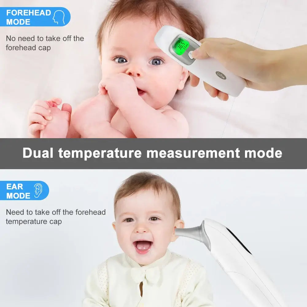Baby being measured with a digital thermometer, showing dual temperature measurement mode features.