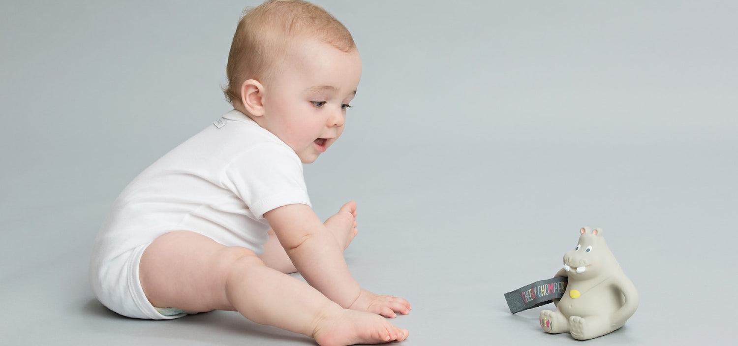 Image of Baby is playing with a Bear Toy - the image is used on OleOle Home Page for Collection of Baby Products and Accessories, including clothing, toys, and gear, for a joyful and safe experience