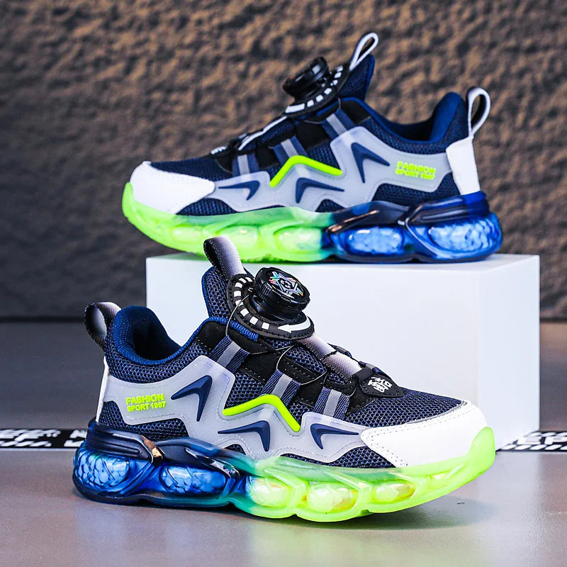 Colorful sneakers with blue, green, and white design on a textured surface