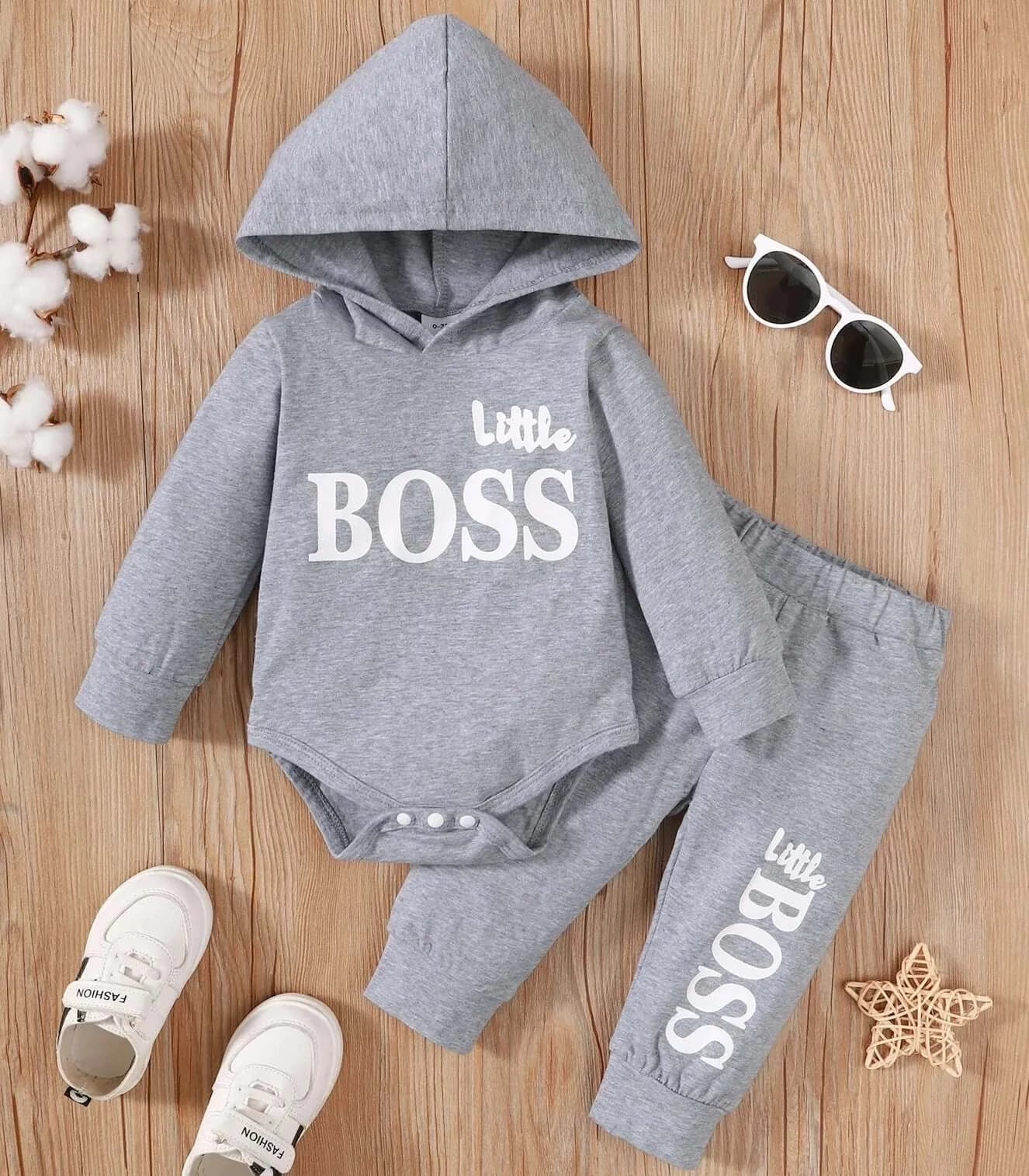 Image of Hooded Baby Boys Romper and Trouser Set - Adorable Little Boss Print, Cotton Comfort for Mild Winters. Shop now at OleOle.