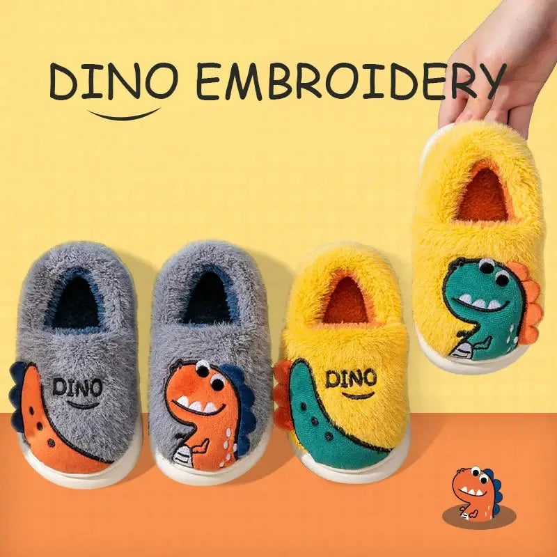Cartoon dino winter plush slippers for kids in blue, gray, and yellow colors with fun dino embroidery designs.