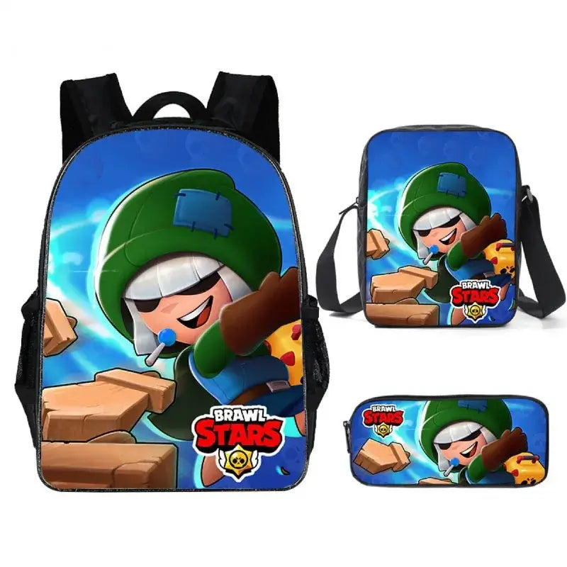 Kids Brawl Stars Game Backpack Set featuring vibrant character graphics with a backpack, lunch bag, and pencil case for school.