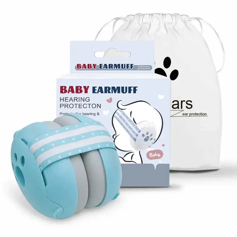 Baby earmuffs with packaging and drawstring bag on a white background