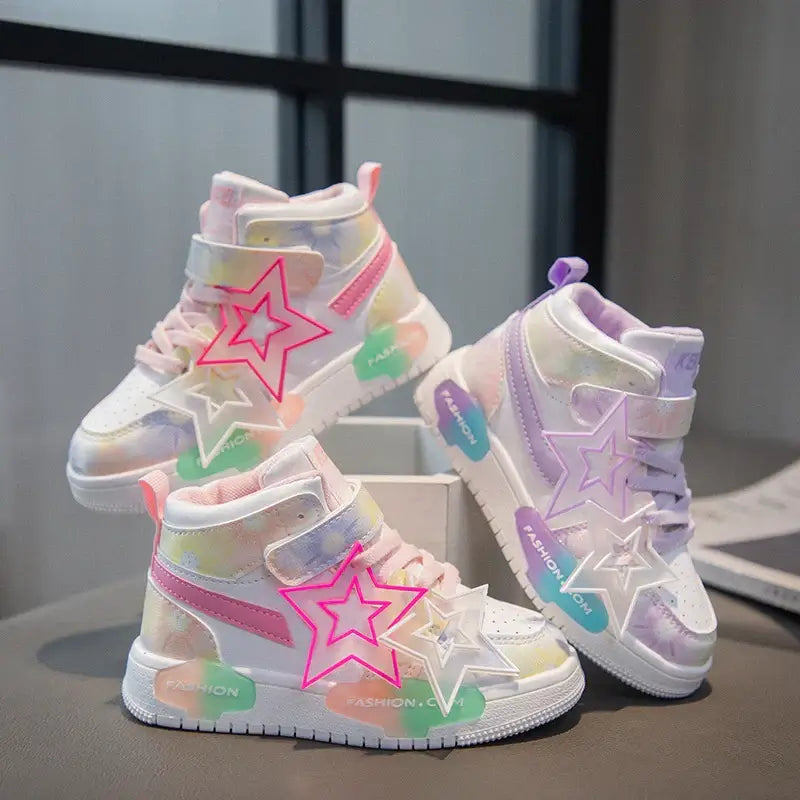 Kids girls fashion sneakers in pastel colors with star design, ideal for ages 2-8, offering style and comfort.
