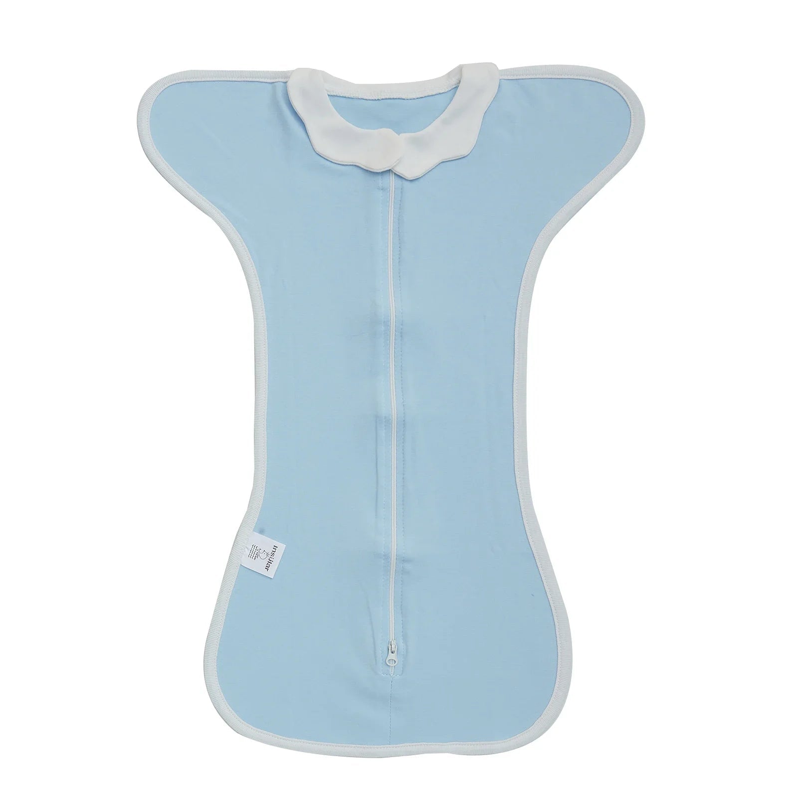 Light blue baby wrap with white trim on a white background, featuring the brand 'Insular'.