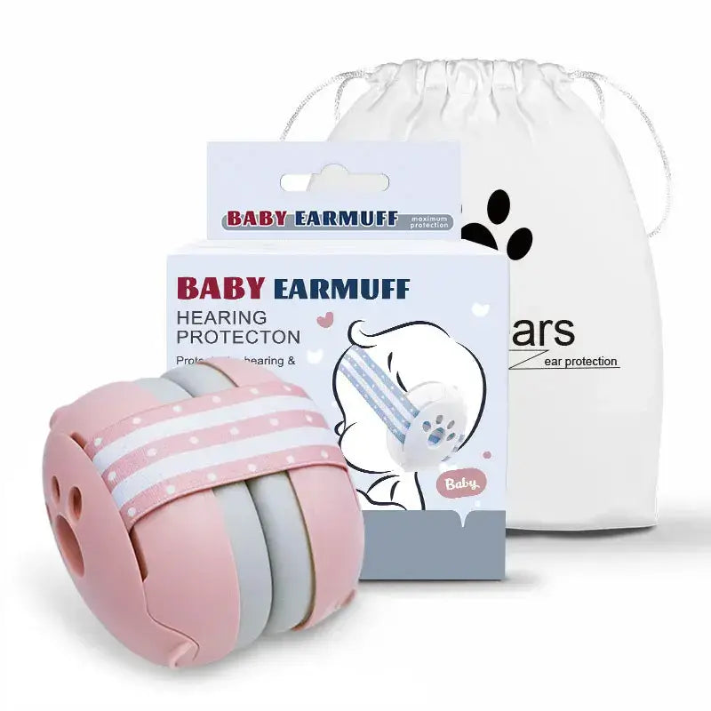 Pink baby earmuffs with packaging and drawstring bag on a white background
