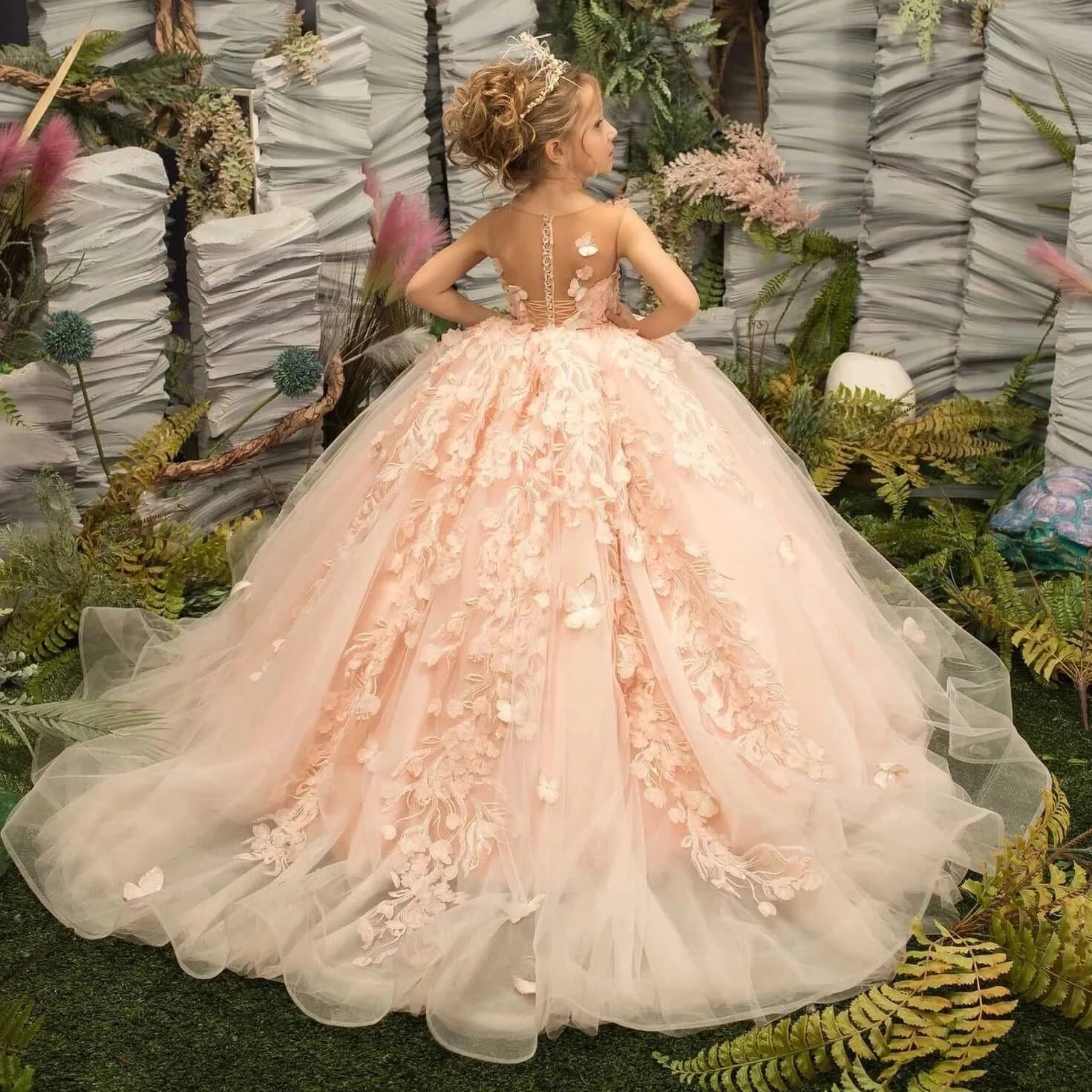 Image of Elegant Ball Gown Flower Party Dress by OleOle - Perfect for girls ages 3-9 years. Adorned with charm and grace, a dress for unforgettable moments.