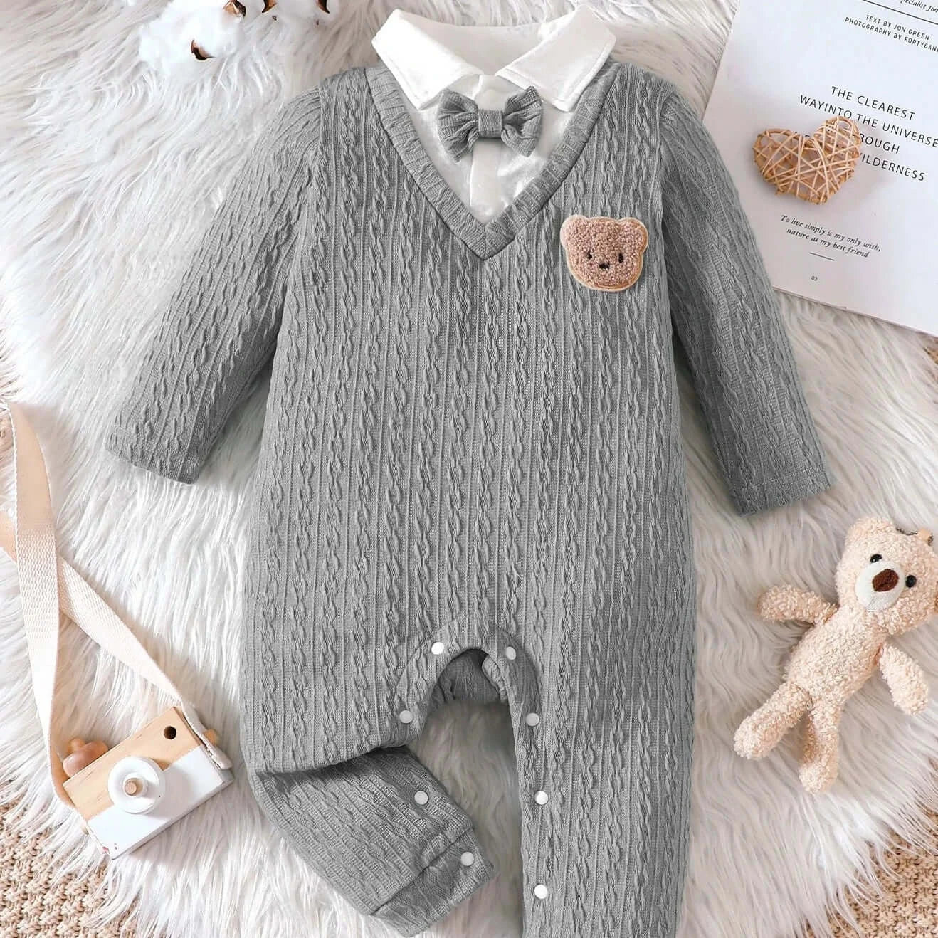 Image of Polo Neck Bear Baby Rompers - Soft, comfy, and perfect for autumn & spring outings. Shop now at OleOle.