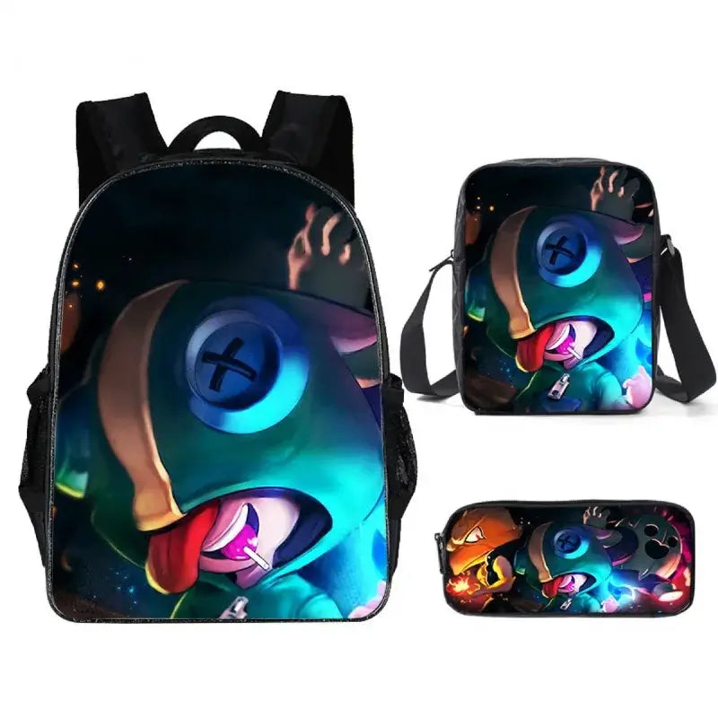 Kids Brawl Stars Game Backpack Set featuring vibrant graphics, lunch bag, and pencil case for school and adventure.