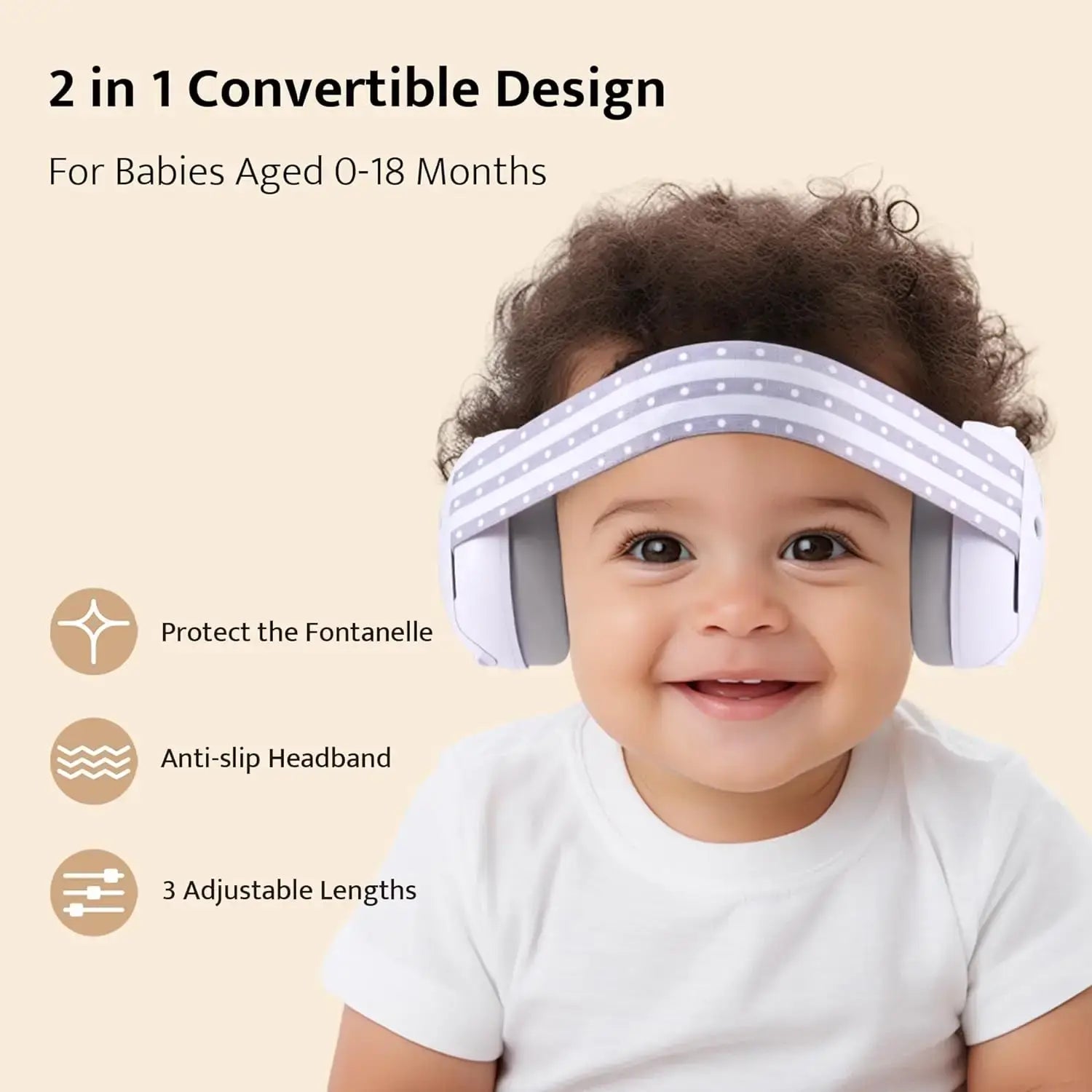 Baby wearing a 2-in-1 convertible earmuffs with text highlighting features on a beige background