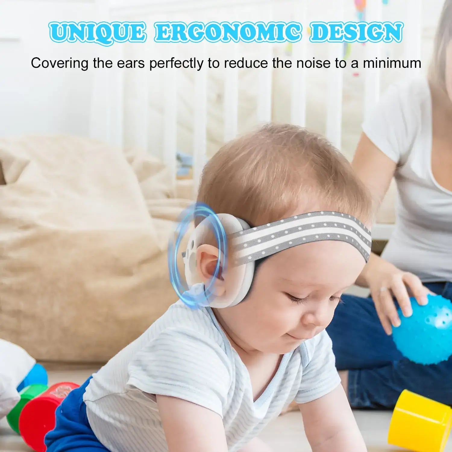 Baby wearing a noise-cancelling earmuffs with text about its ergonomic design.