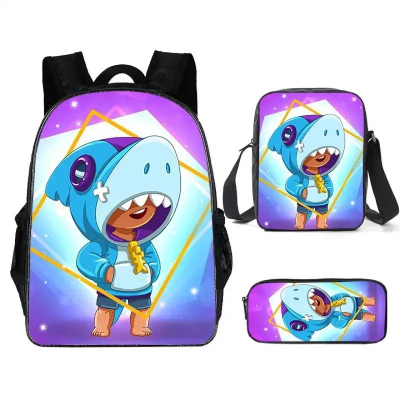 Kids Brawl Stars Game Backpack Set featuring vibrant graphics, including backpack, lunch bag, and pencil case design.