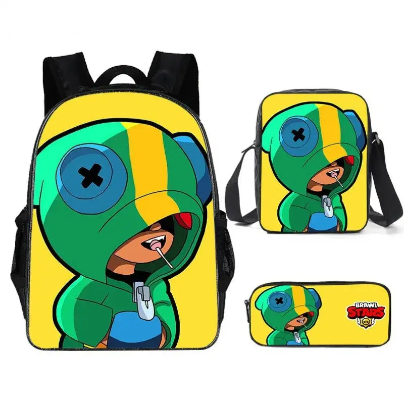 Kids Brawl Stars Game Backpack Set featuring vibrant character graphics, including a backpack, lunch bag, and pencil case.