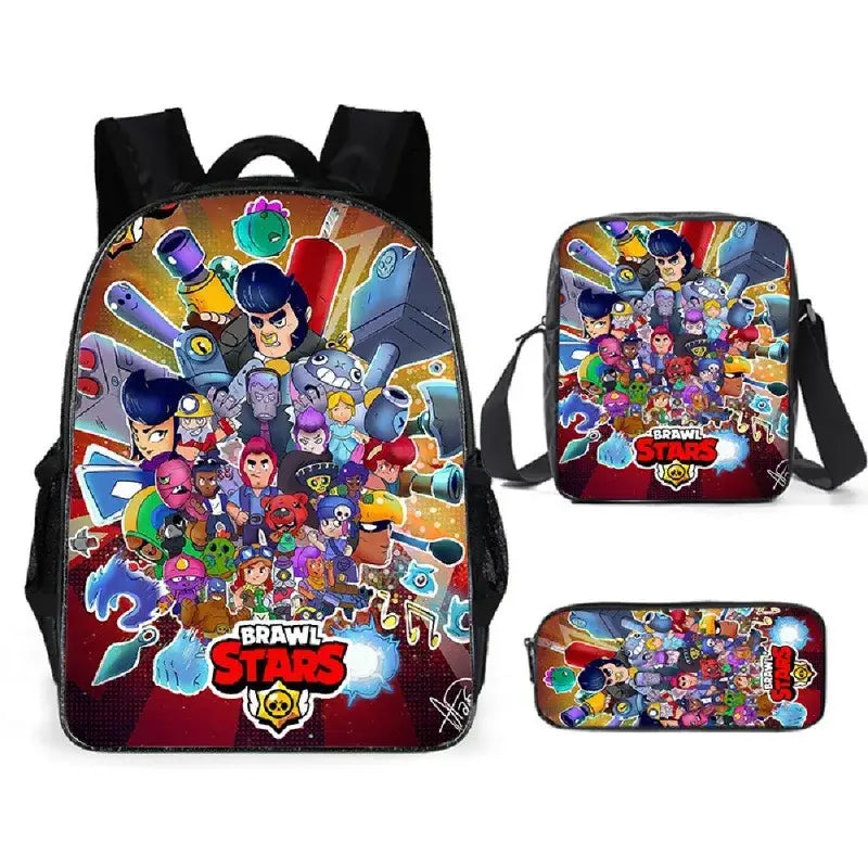 Kids Brawl Stars Game Backpack Set with vibrant graphics, includes backpack, lunch bag, and pencil case for school.