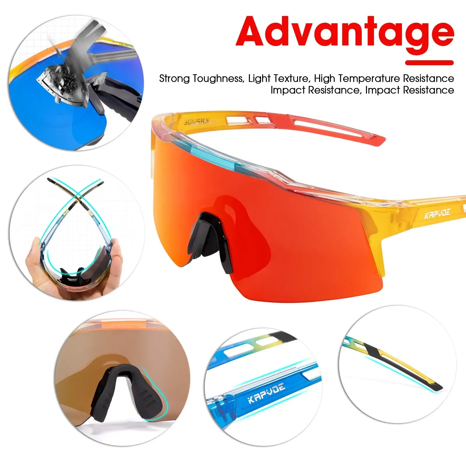 Kids polarized sports goggles showcasing strength, light texture, and impact resistance with colorful lenses for outdoor adventures.