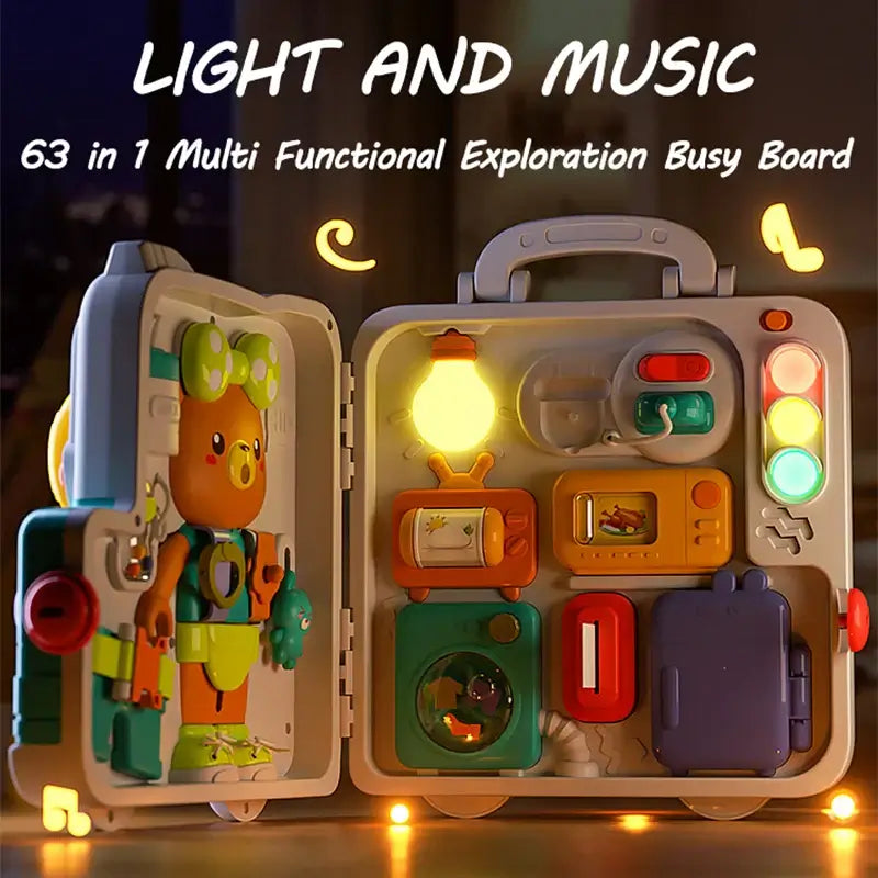 Multifunctional exploration busy board for kids with lights, music, and interactive features, promoting hands-on learning.