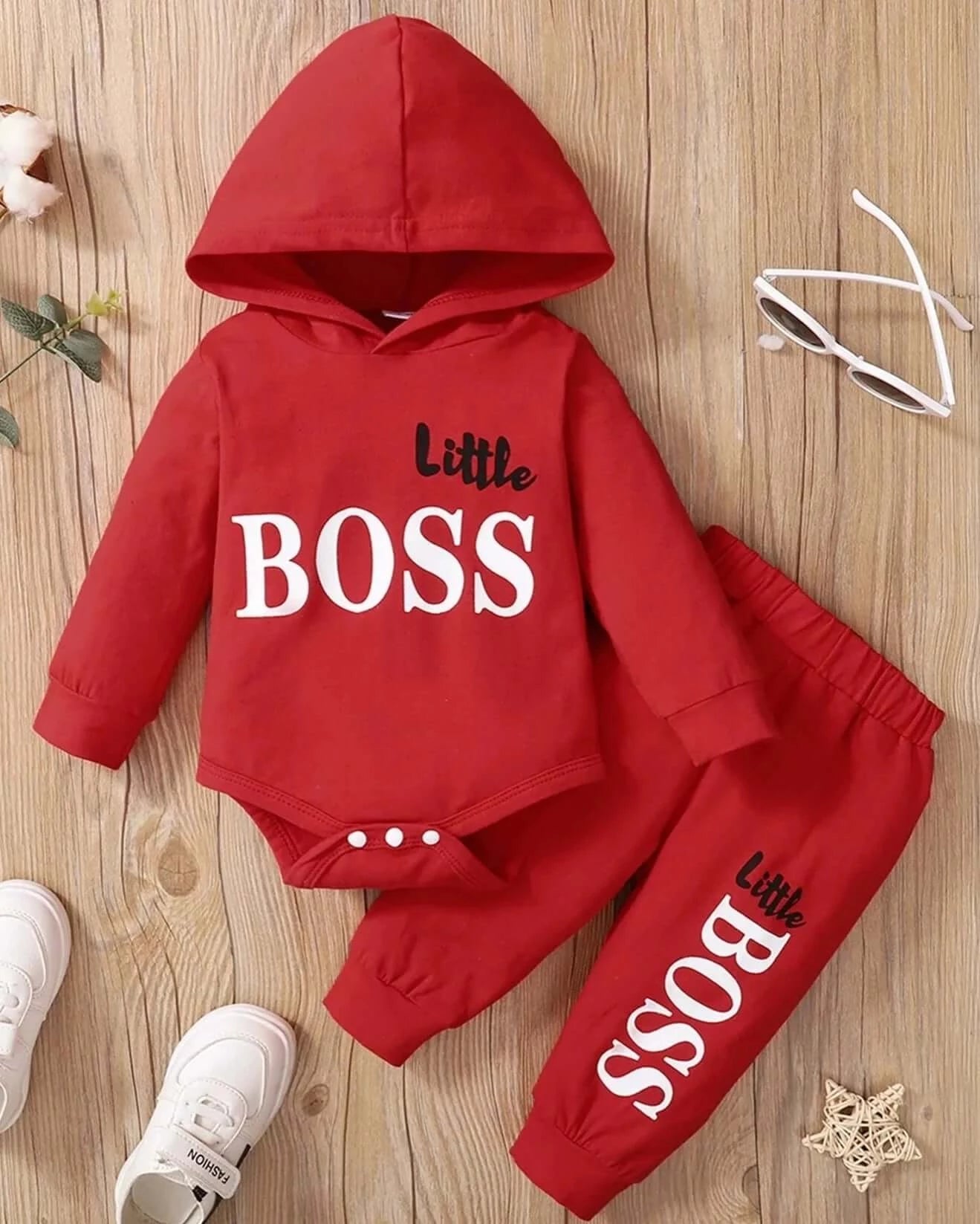 Image of Hooded Baby Boys Romper and Trouser Set - Adorable Little Boss Print, Cotton Comfort for Mild Winters. Shop now at OleOle.