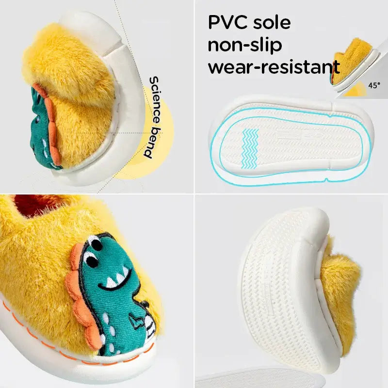 Cartoon dinosaur winter slippers for kids with non-slip PVC sole, plush design, and safe for indoor adventures.