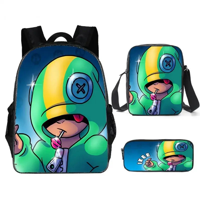 Kids Brawl Stars Game Backpack Set featuring vibrant graphics, includes backpack, lunch bag, and pencil case for school.