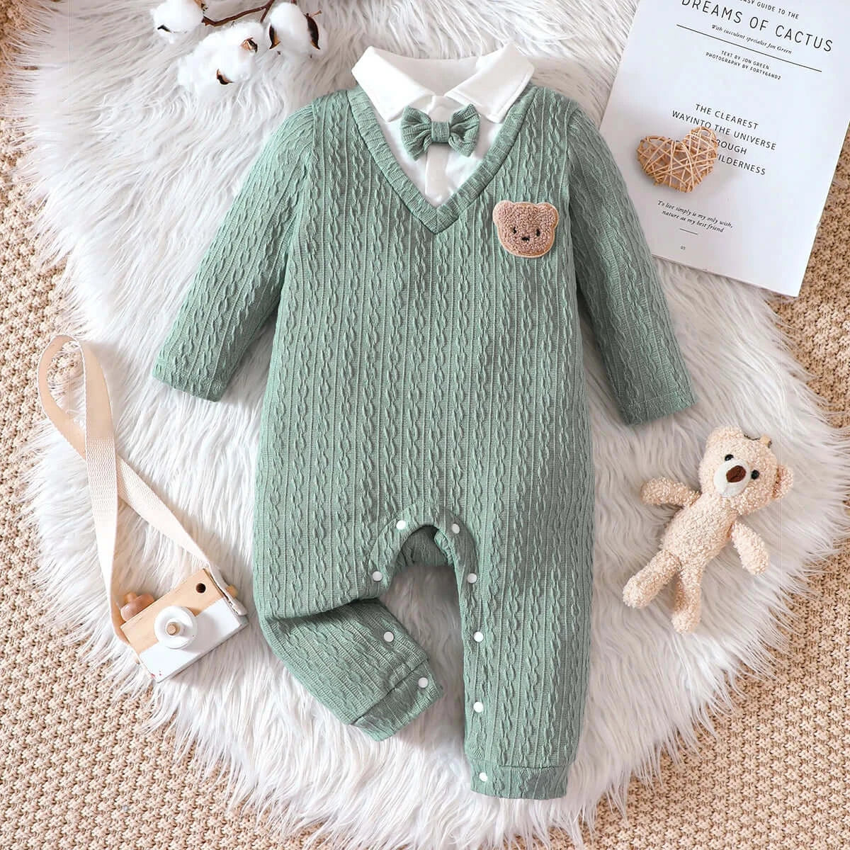 Image of Polo Neck Bear Baby Rompers - Soft, comfy, and perfect for autumn & spring outings. Shop now at OleOle.