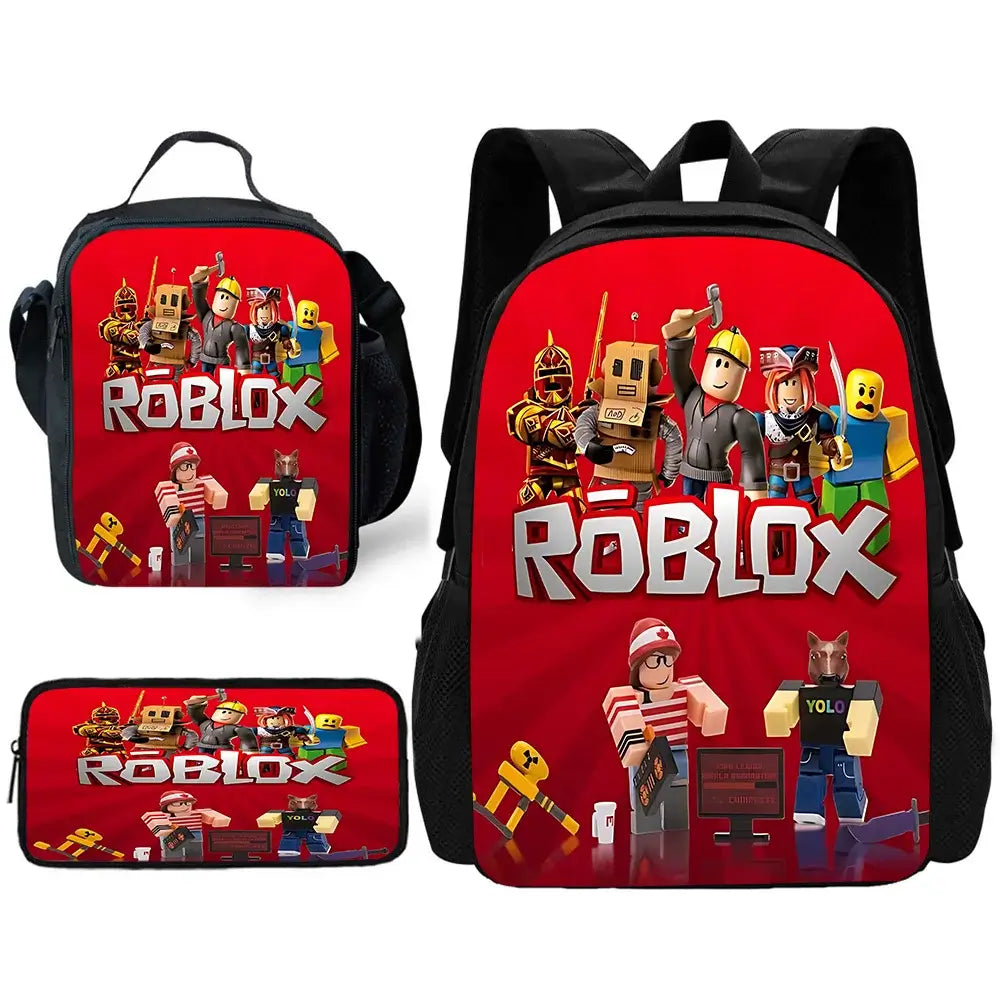 Red Colour Print Roblox Game Theme School Bag Set with backpack, lunch bag, and pencil case for kids.