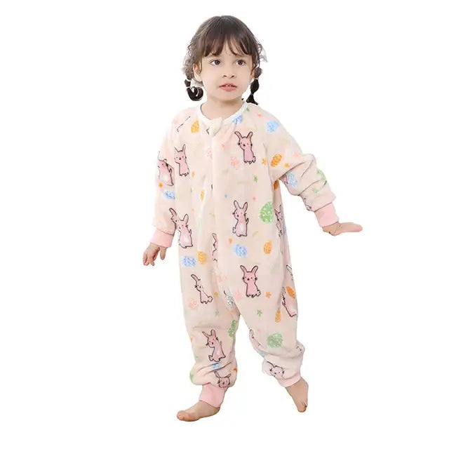 Little girl in a cozy flannel onesie sleepsack with cute bunny print for kids aged 1-7 years.