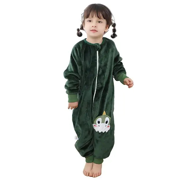 Kids flannel warm onesie sleepsack in green with cartoon character for cozy sleep, perfect for ages 1-7.