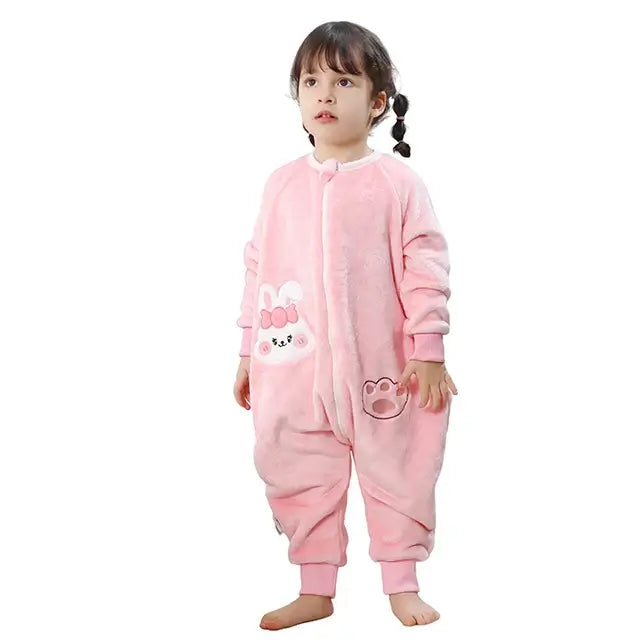 Pink flannel kids onesie sleepsack with bunny design, perfect for cozy sleep for ages 1-7 years.
