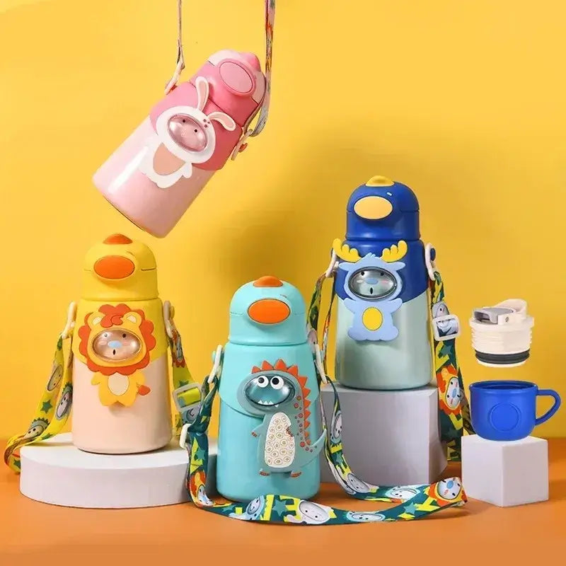 Colorful kids thermos water bottles with cartoon designs and straps, perfect for hydration and fun.