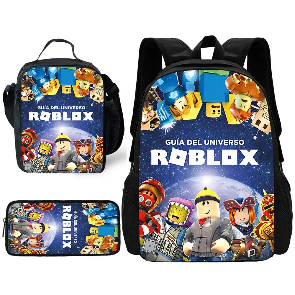 Blue Roblox Game Theme School Bag Set with backpack, lunch bag, and pencil case for kids.