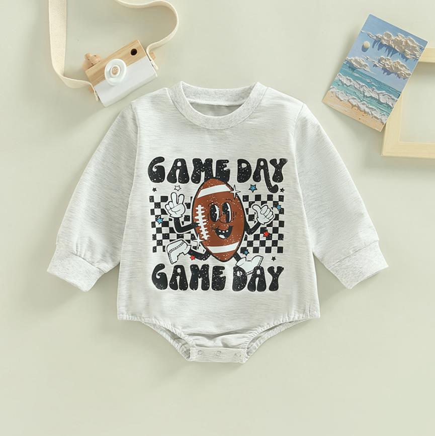 Image of Football Game Day Sweatshirt Romper for Boys & Girls - Infant Bodysuit ages 0-18 months - Cosy style for the littlest fans! Available at OleOle.